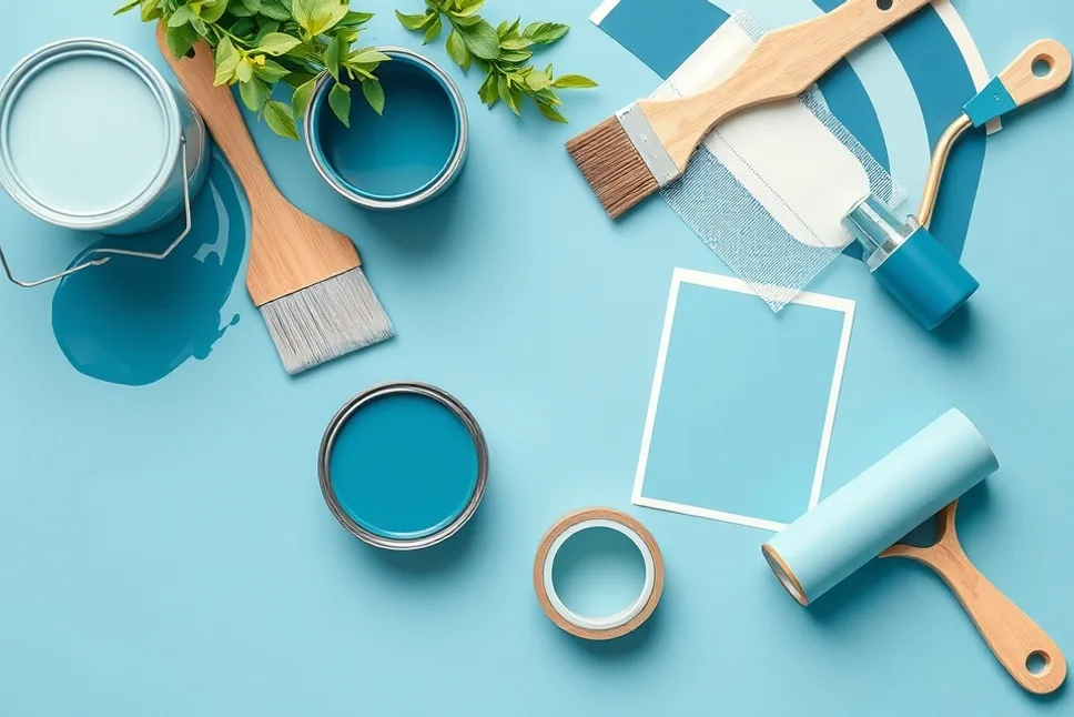 Pots de peinture, nuancier, brosses et rouleaux disposés à plat