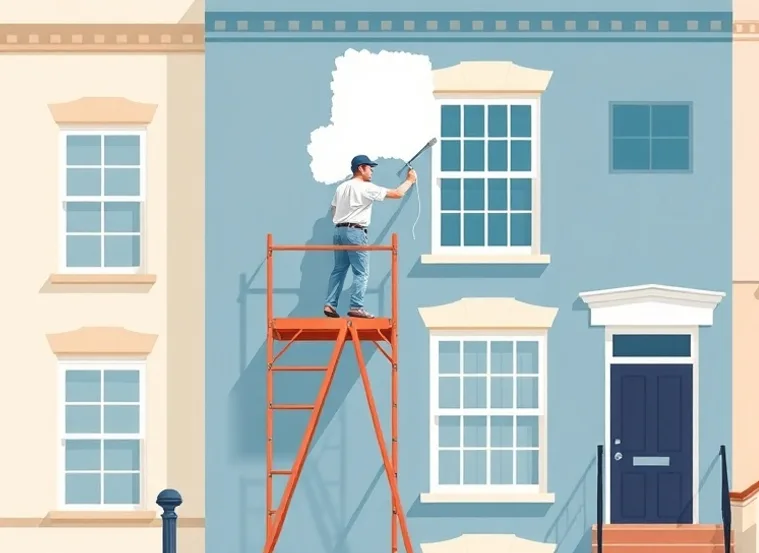 Peintre sur échafaudage traitant la façade d'une maison